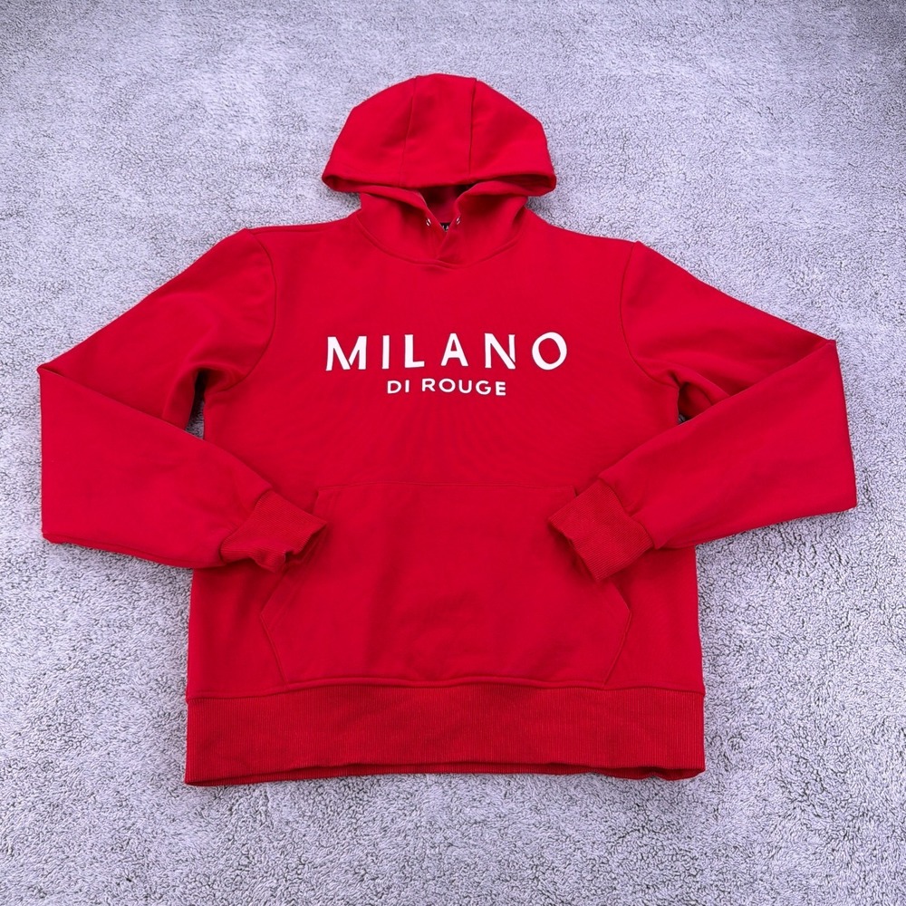 Milano Di Rouge Hoodie Adult Small Red Velour Lined Spellout Pullover Sweatshirt